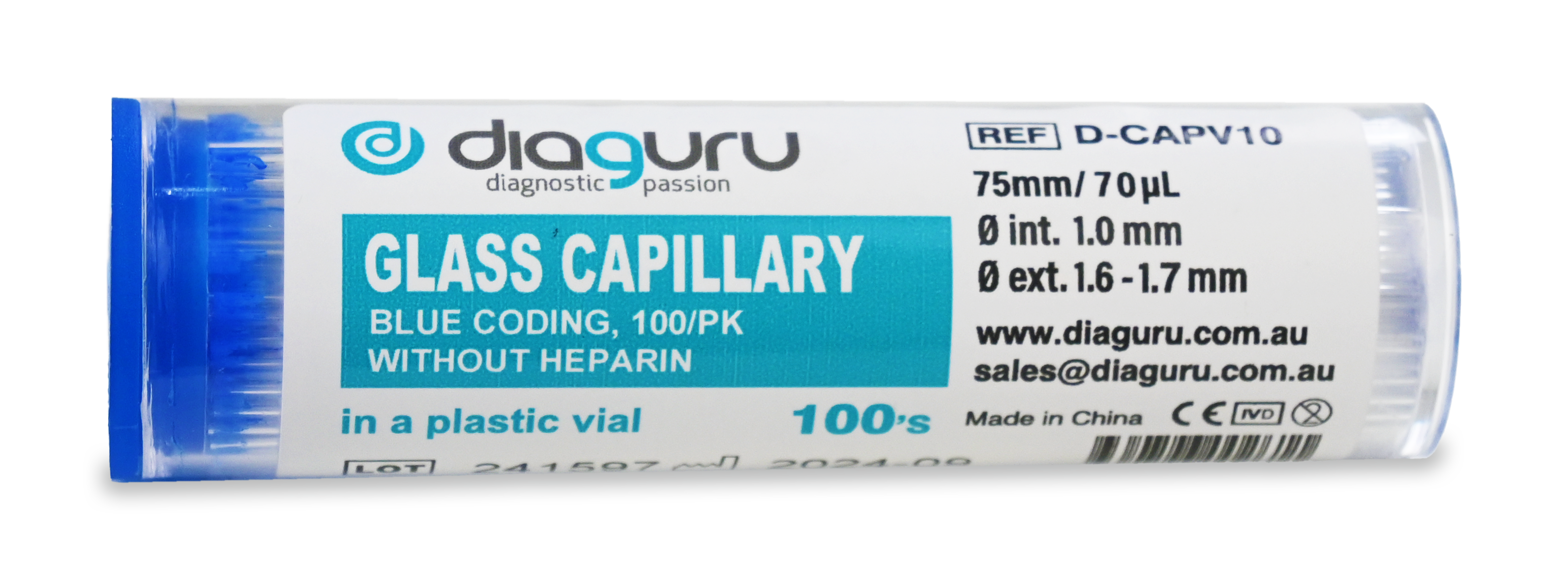 Diaguru Plain Capillary Tubes 75uL 1000pc/Box